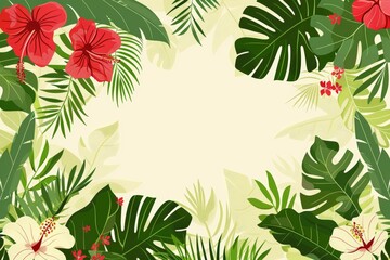 Fototapeta premium Modern illustration with tropical floral border and leaves on white background