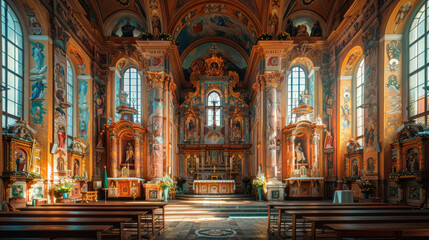 Sunlit Interior of a Historic Church With Ornate Decorations and Tall Windows