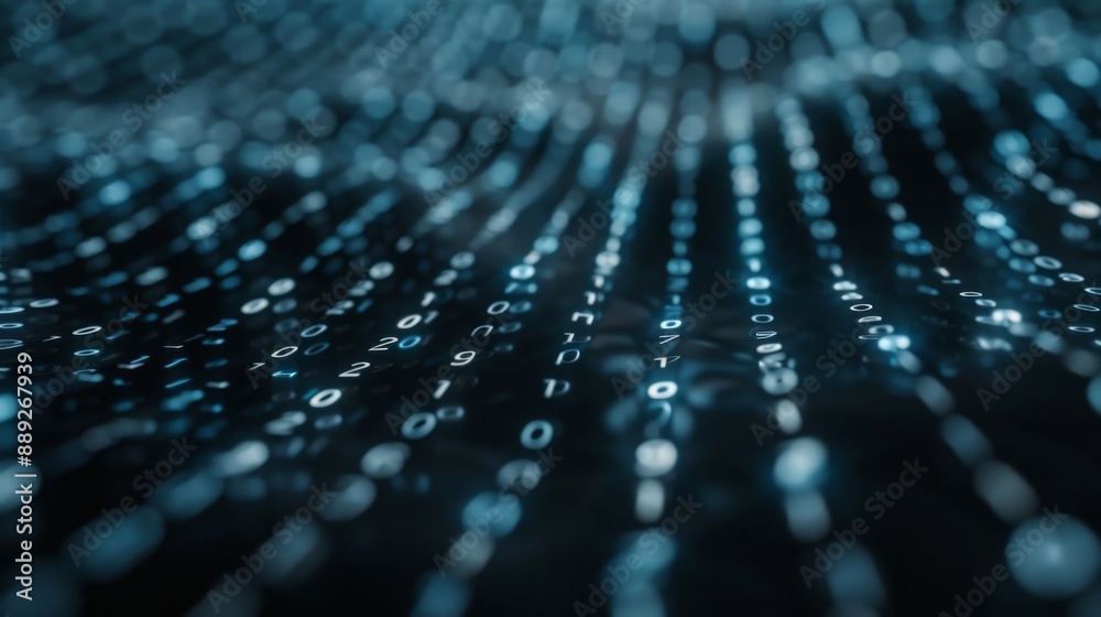 Aufkleber A close-up image of glowing blue binary code flowing across a dark background. The numbers create a sense of motion and digital energy.