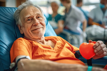 In a hospital setting, a cheerful senior man is contributing to the community by donating blood, supported by a team of healthcare professionals