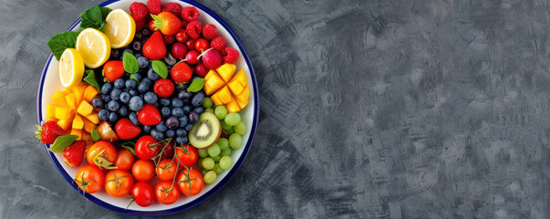 A plate of fruit is on a grey background