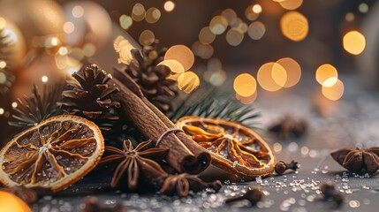 Traditional Christmas spices and dried orange slices on holiday bokeh background with blurred lights. Cinnamon sticks, star anise, pine cones and cloves. Christmas spice decoration.