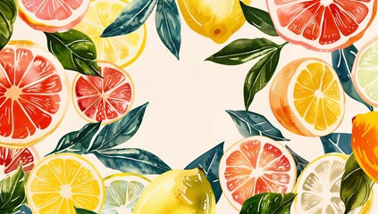 Watercolor citrus fruit summer food border with colorful lemons and oranges for menus, stationary, invites, backdrops, and wallpaper.