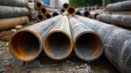 Stacked Industrial Pipes at Construction Site