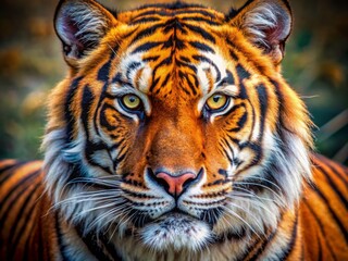 Fototapeta premium Vibrant orange fur and piercing eyes of a majestic tiger fill the frame, conveying power, beauty, and vulnerability of a wild and endangered species.