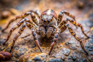 Fototapeta premium Macro view of a solitary spider perched on a weathered rock, showcasing intricate details of its eight agile legs and oval-shaped body.