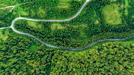 Road in the mountains. View from above. Drone photo.