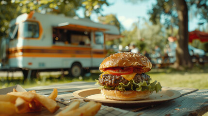 Tasty burger with a juicy patty, creamy cheese, and crispy bacon on a plate, placed on a wooden table at a gourmet food festival. Perfect for promoting food trucks, street eats, and culinary fairs