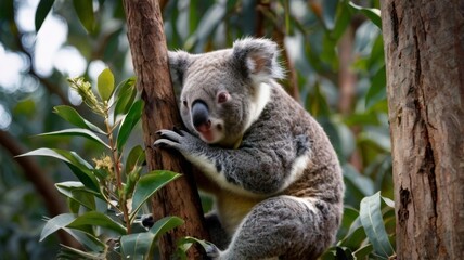 Fototapeta premium Koala eating leaves on a trunk 