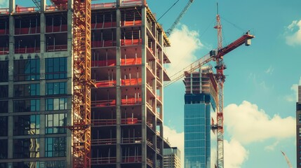 Urban Construction with Tower Cranes Against a Clear Sky