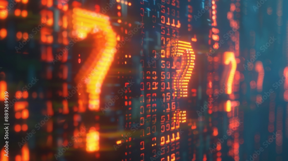 Leinwandbilder A close-up view of a digital display with question marks formed by illuminated red and orange pixels.