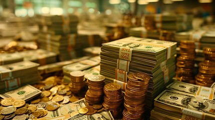 Stacks of hundred-dollar bills and scattered coins fill the frame, depicting a collection of wealth and financial assets in a spacious setting