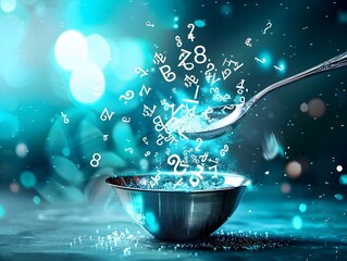 Swirling Spoon Stirring a Bowl of Floating Password Symbols and Data in Mystical Digital Landscape