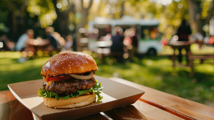 Succulent burger featuring a juicy beef patty, rich cheese, and savory bacon, presented on a plate atop a wooden table at a gastronomic event. Perfect for marketing food trucks, street food, and