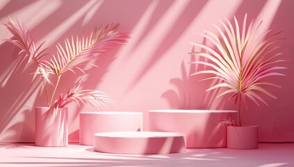 With a blurred shadow from the palm leaves on the light pink wall, this abstract background suggests spring and summer. Tropical aesthetics with pastel colors.