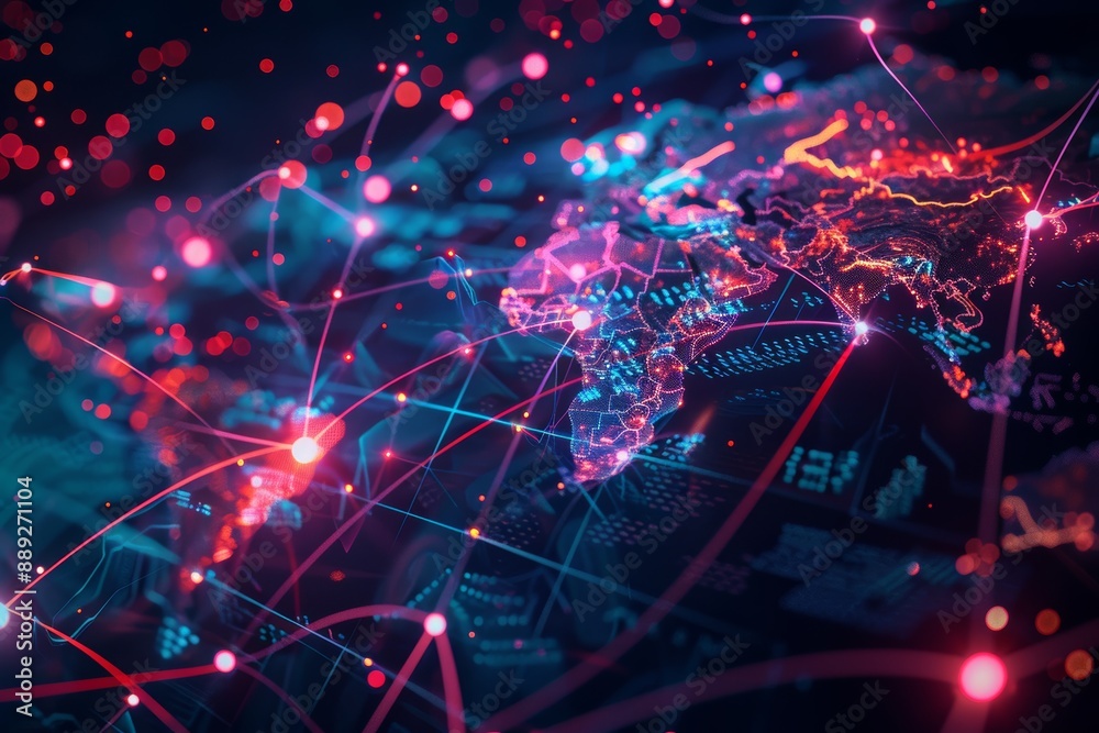 Poster Glowing red and blue digital world map with circuit board and data analysis