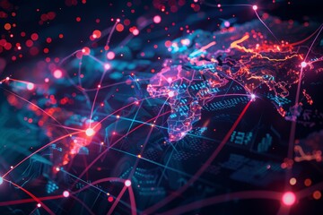Glowing red and blue digital world map with circuit board and data analysis