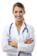 Fototapeta premium A obstetrician,dentist, pediatrician, surgeon holds a stethoscope and smiles confidently, isolated background