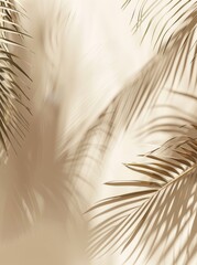 Fototapeta premium An abstract background of shadow palm leaves on a white wall and cream pastel floor. An abstract background of shadow palm leaves for a summer mock up. An abstract tropical palm mockup with a light