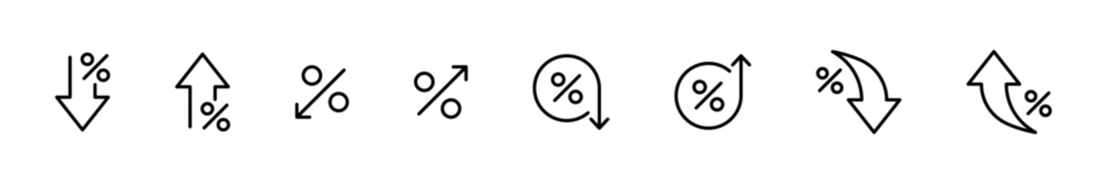 Percent arrow icon set. Increase, decrease percent outline icons. Up, Down percentage symbol. Vector