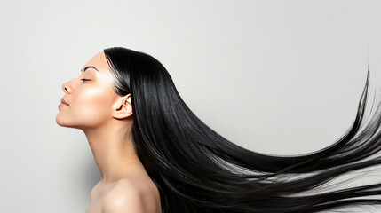 A beautiful girl of Asian appearance with dark long hair stands in profile against a plain background. Beautiful studio photography