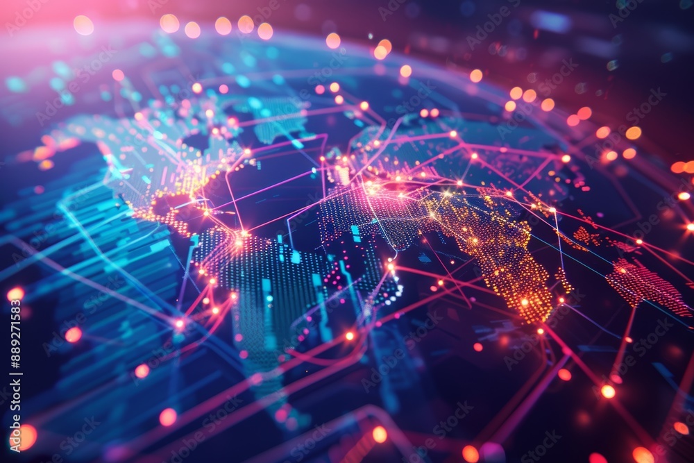 Poster glowing digital planet earth with circuit board texture and glowing nodes