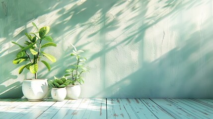 Mint green walls and whitewashed wooden floors create a cool summer background.