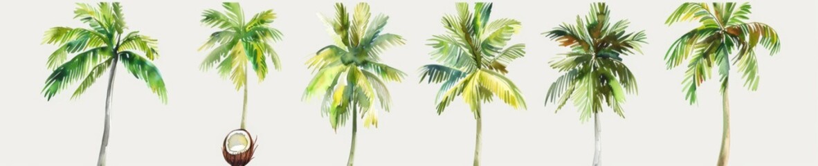 Watercolor tropical island palm trees on transparent background