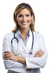 Fototapeta premium A obstetrician,dentist, pediatrician, surgeon holds a stethoscope and smiles confidently, isolated background
