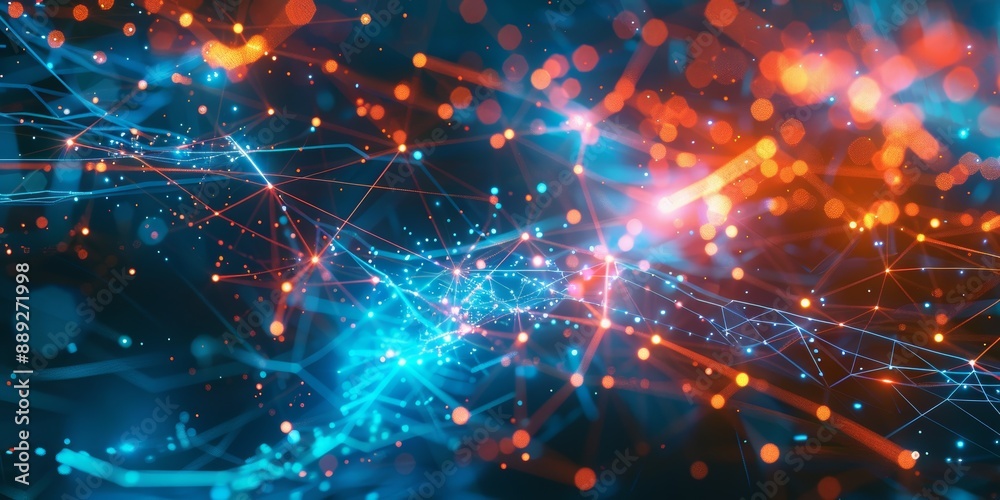 Poster glowing orange and blue circuit board with nodes and connections