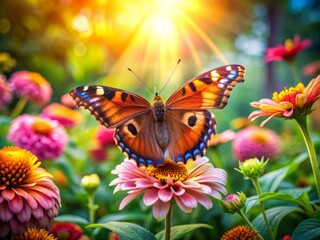 Delicate butterfly perches on vibrant flower petals, its iridescent wings glowing in warm summer light, surrounded by lush green foliage in a serene garden setting.