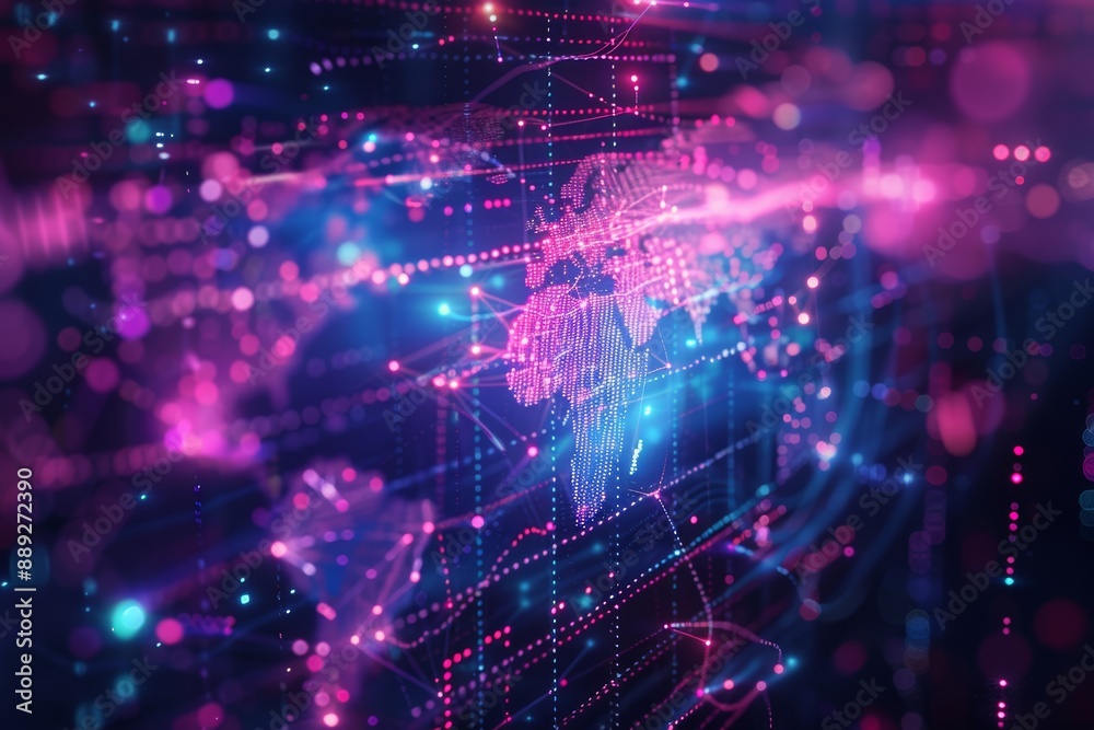 Poster Glowing pink and blue digital world map with circuit board and binary code background