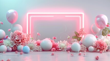 Vibrant Neon Frame with Balloons and Flowers for Customizable Holiday Promotions, Generative Ai