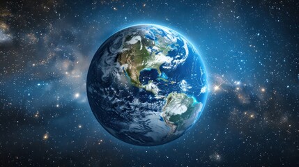 Fototapeta premium Illustration of Planet Earth in outer space, blue ocean and globe. Ai generated image