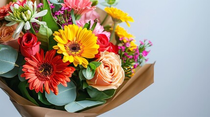 Obraz premium Fresh Spring Flower Bouquet With Gerbera Daisies Roses and Green Leaves Styled in Natural Paper for Celebration Concepts