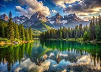 Majestic mountains rise from serene lakes, surrounded by lush forests, in a remote wilderness where nature's untouched beauty and wildlife thrive, free from human presence.