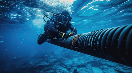 Professional underwater diving in a wetsuit. Underwater world.