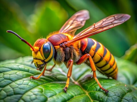 Vibrant orange and yellow striped Asian hornet with transparent wings and large compound eyes perched on a green leaf in a natural outdoor setting.