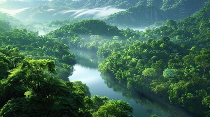 Other. Serene Rainforest Landscape in Summer with Green Trees and Tropical Vista