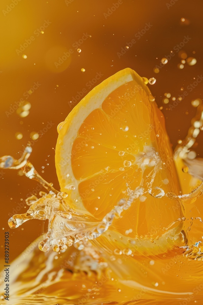 Poster a slice of orange is seen falling from above into a calm body of water