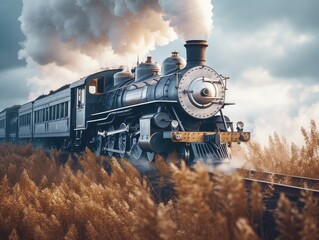 Naklejka premium Vintage Steam Train in Autumn Landscape