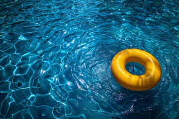 Floating yellow swimming pool ring in blue water. Summer concept color.