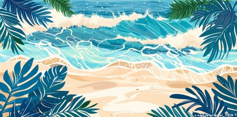 Stylish modern summer background. Waves, sea, sand, palms and beach