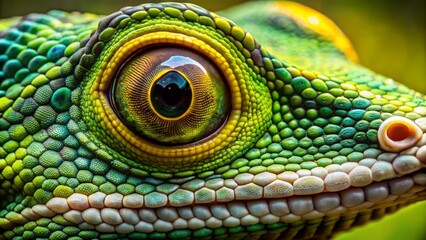 Fototapeta premium Vibrant green-yellow lizard's face fills the frame, showcasing two striking, circular black and white eyeballs with piercing gaze, surrounded by scaly skin and tiny nostrils.