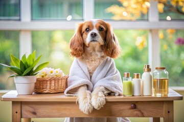 Adorable dog relaxes on a grooming table surrounded by luxurious pet products, receiving a rejuvenating spa treatment, complete with soothing scrubs and stylish coat styling.