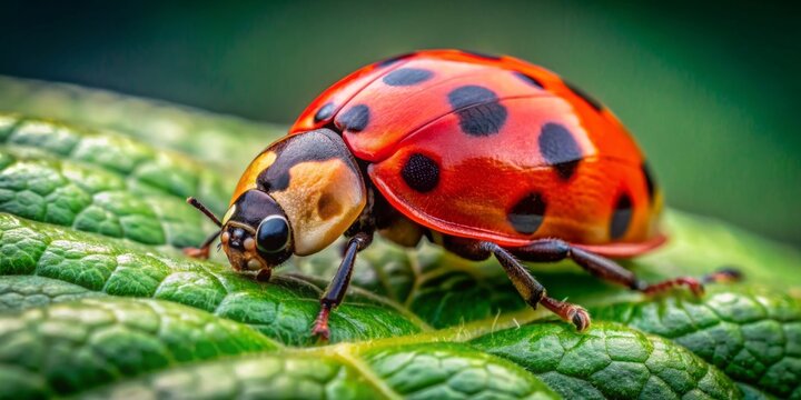 Vibrant ladybug with bright red shell and distinct black spots sits on a lush green leaf, showcasing intricate details in sharp, close-up focus.