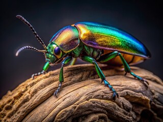Naklejka premium Vibrant butterfly beetle with iridescent wings perched on gnarled root in studio setting, isolated on dark background with ample copy space on right side.