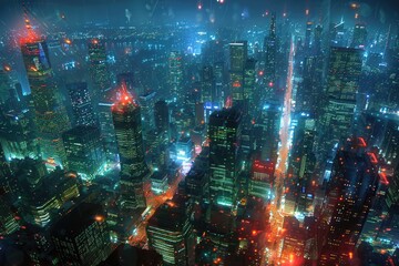 Fototapeta premium Futuristic cityscape with vibrant lights and towering skyscrapers