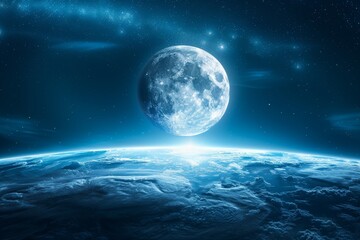 Full moon over ocean serene and peaceful artistic scene inviting setting vibrant and detailed calming atmosphere cosmic beauty