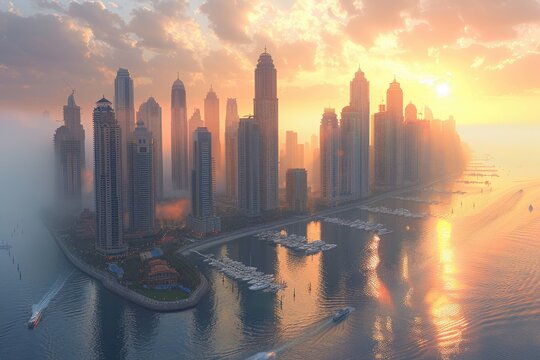 Breathtaking cityscape of Dubais skyscrapers and marina at sunrise